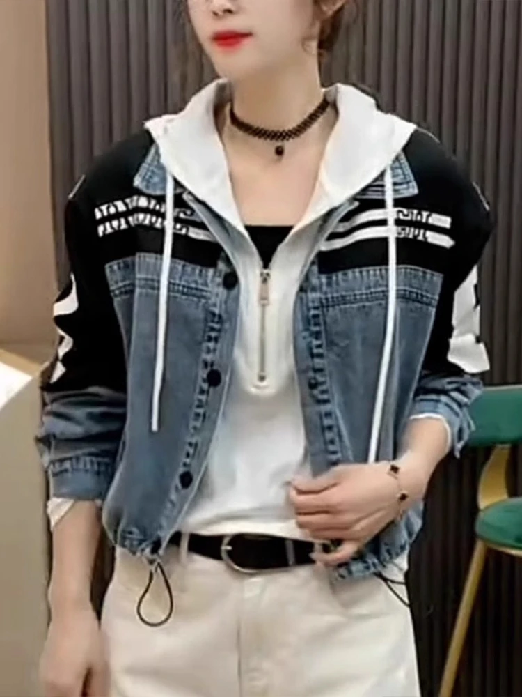 ort Amerikaanse Sle Denim Jaet dames herfst 2025, nieuw ontwerp, patchwork, opstaande kraag, werkkleding, Jaet Koreaanse losse pasvorm