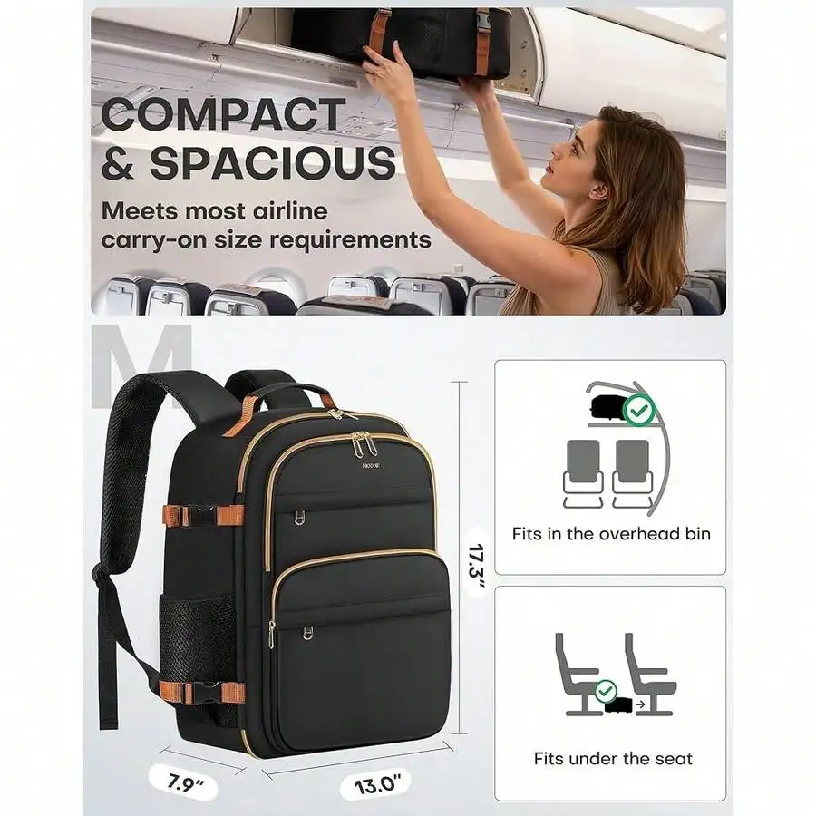 Compact Spacious Carry On Backpack For Women Water Resistant 15.6 Inch Laptop Bag Fits Overhead Bin And Under Seat