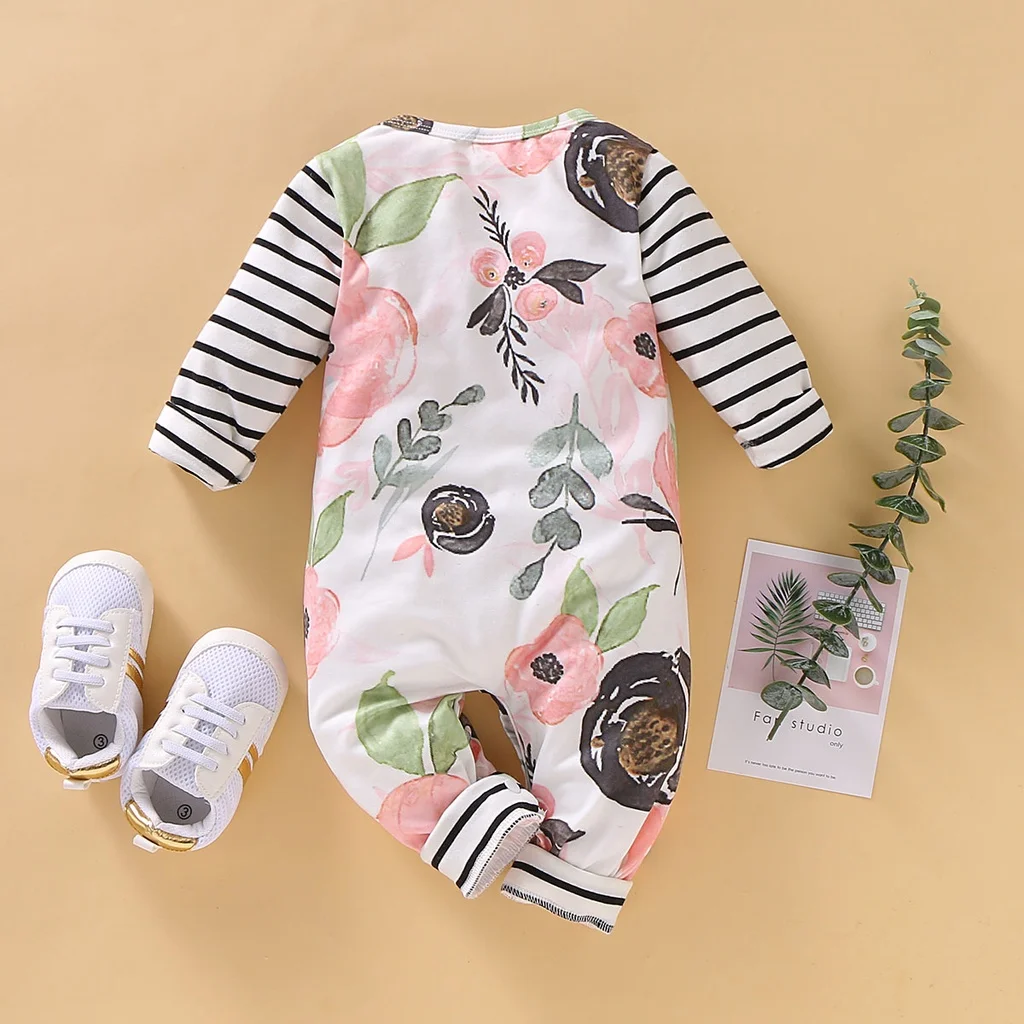 Newborn Baby Girl Romper Floral Stripe Long Sleeved Jumpsuit Toddler Girl Spring&Autumn Fashion Clothes Pajamas for 0-12Months