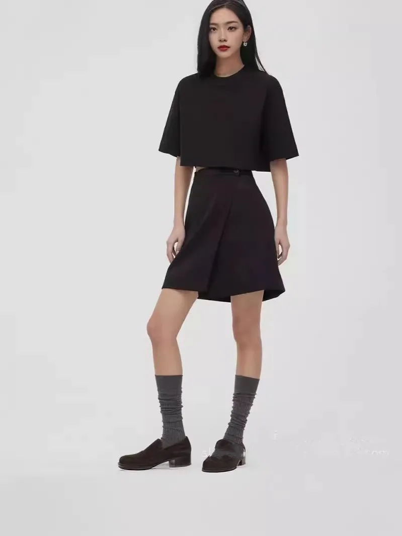 New Pure Cotton ort Sve Loose  Color ort T-irt Women's Casual Summer Top round Ne Line Design