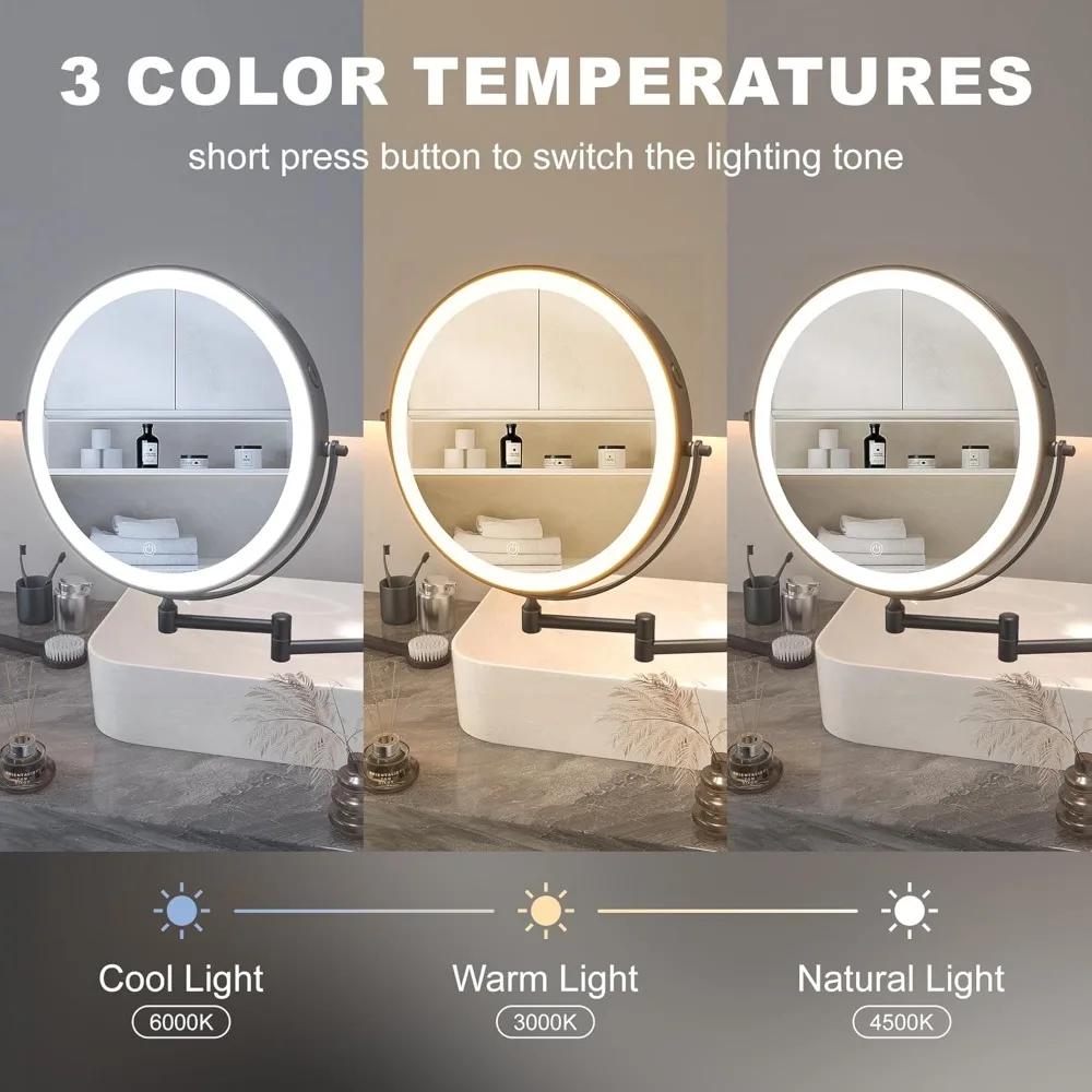 10-Inch Wall Mounted Makeup Mirror with Magnification, Rechargeable 3000mAh LED Vanity Mirror with Dimmable Lights