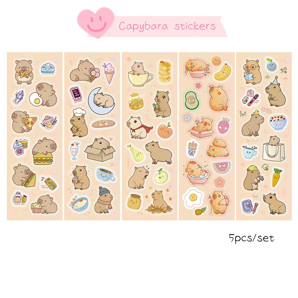 5 قطع/1 مجموعة من ملصقات كابيبارا اللطيفة - شارات حيوانات كرتونية لأجهزة الكمبيوتر المحمول والهاتف وزجاجة المياه وديكورات سجل القصاصات