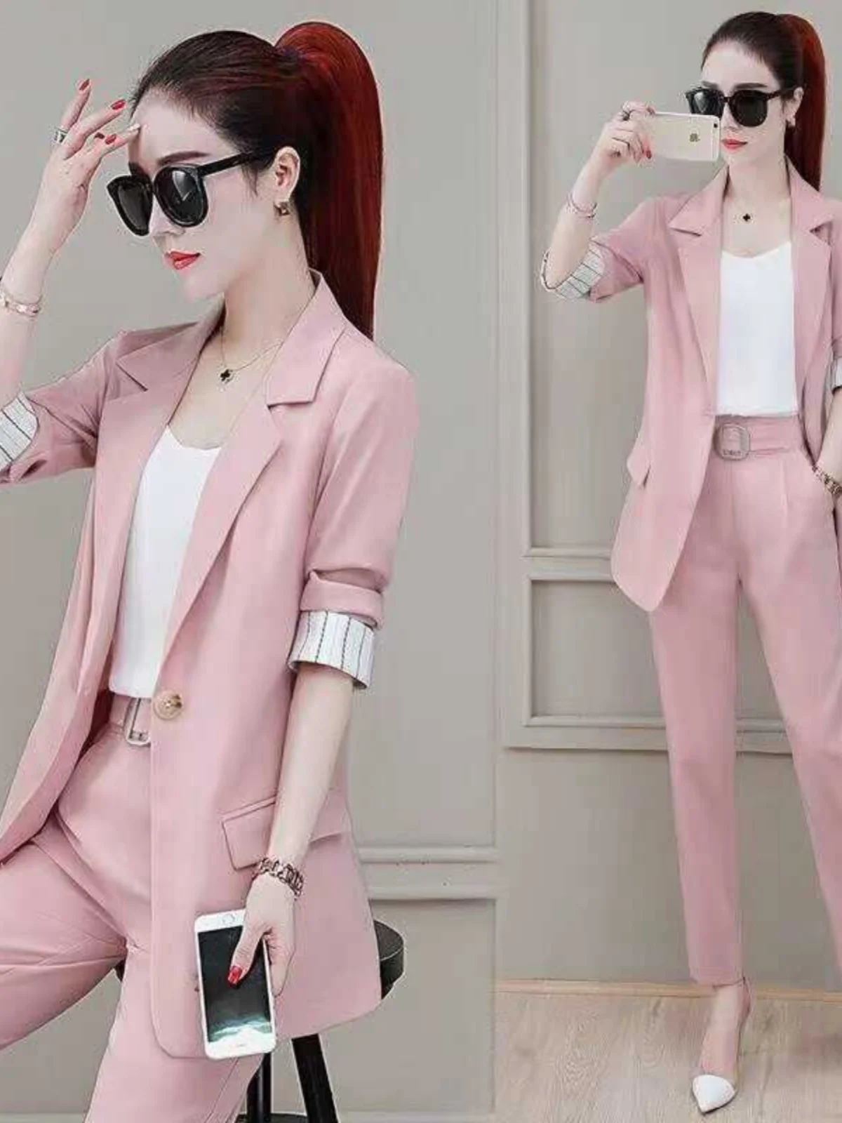 

Комплект женского повседневного костюма больших размеров 2024: модный осенний элегантный костюм-тройка с пиджаком, скрывающий недостатки фигуры, в корейском стиле, с завышенной талией