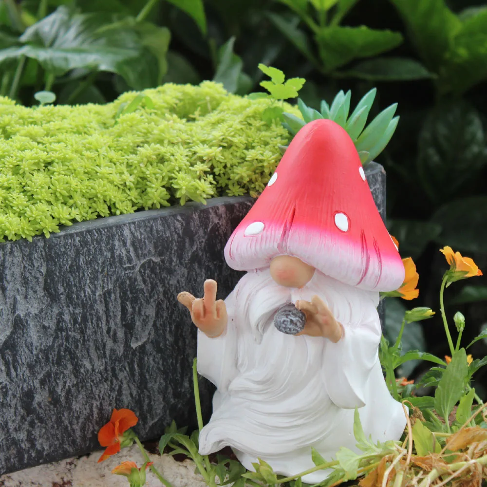 Mushroom Smoking Gnomes Funny Outdoor Garden Statue with Middle Finger Home Lawn Yard Patio Decor Fairy Themed Indoor Outdoor