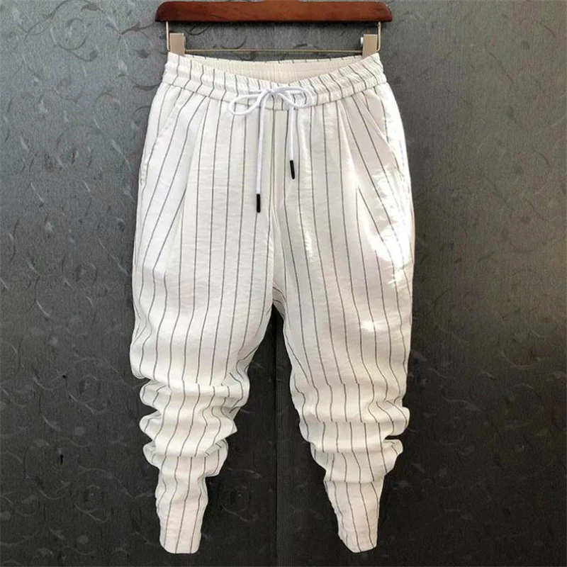 Summer Pants Men Stripe Printing Slim Trousers Trendy Korean Fashion Youth Men's Harem Pants 2021 Big Size Pantalones De Hombre