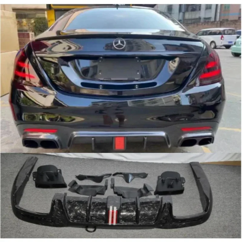 For Benz W222 S-Class S63 S65 AMG 2018-2020 Real Forging Carbon Fiber Rear Bumper Lip Diffuser Spoiler With Exhaust Tips