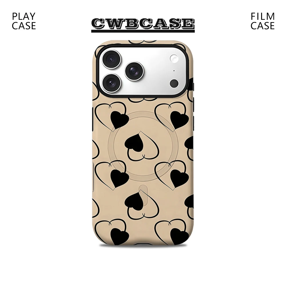 Beige Double Heart OutlinePhone Case for IPhone 17 16 15 14 Pro Plus Pro Max 2 in 1 Single Luxury for Magnetic Shockproof Cover