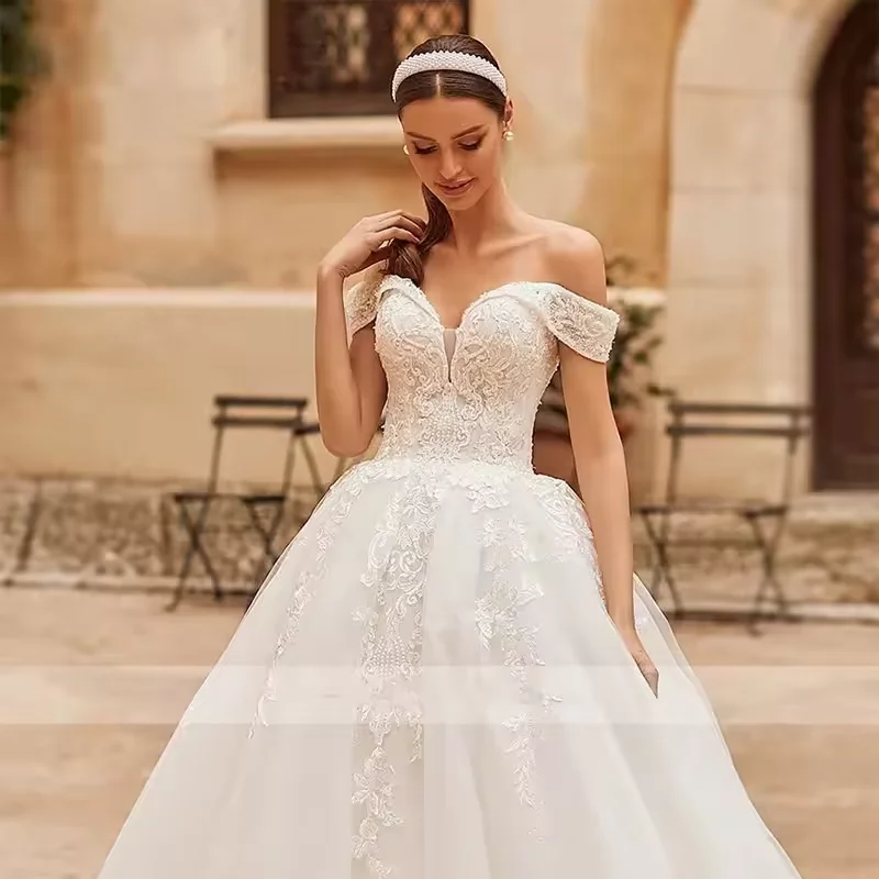 Robe de mariée princesse trapèze, magnifique, décolleté en cœur, Sexy, épaules dénudées, avec décalcomanie en dentelle, personnalisée, 2026