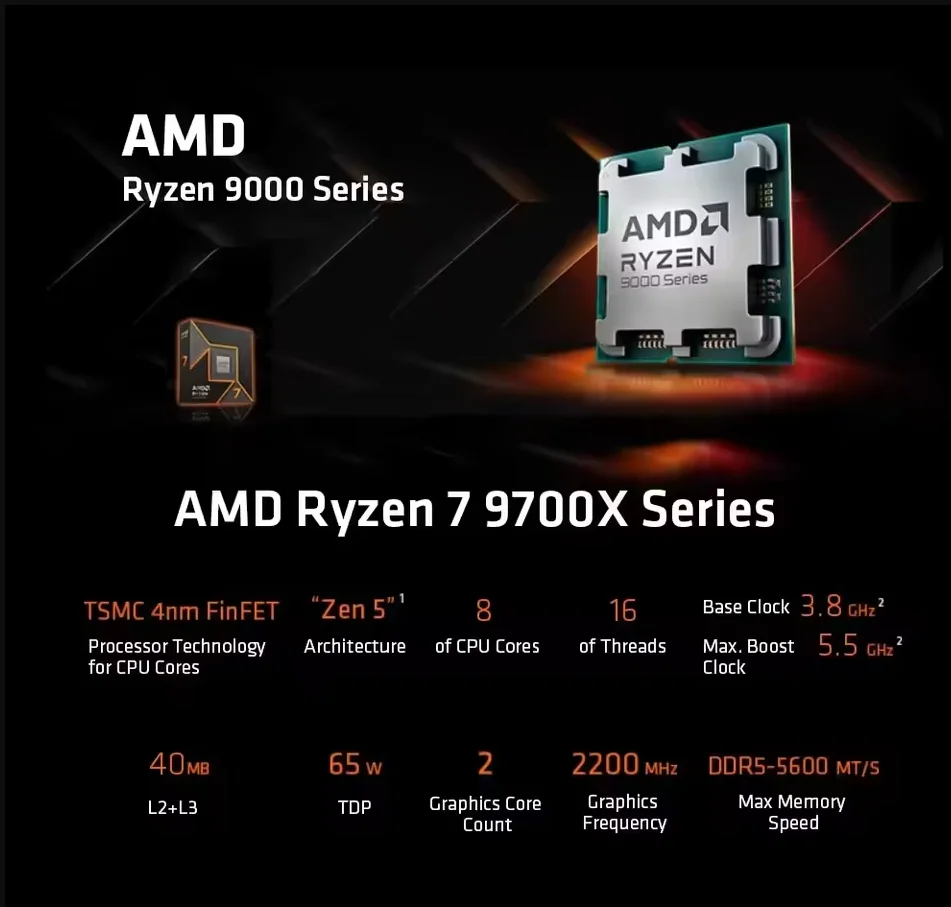 Image 6: Processeur AMD Ryzen 7 9700X 5,5 GHz 8 cœurs 16 threads 40 Mo 4 nm TDP 65 W socket AM5 CPU gaming Zen 5