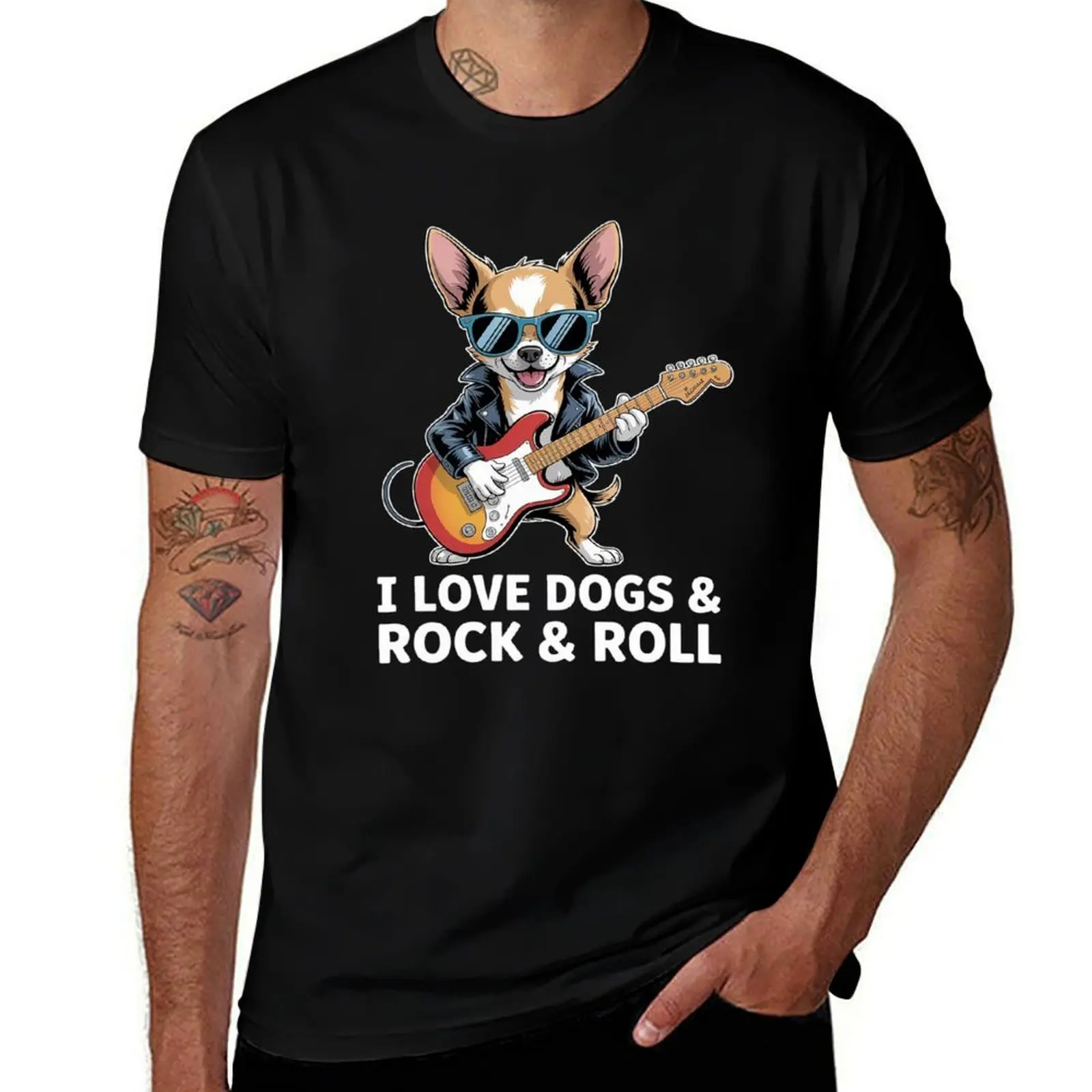 

I Love Dogs & Rock & Roll Chihuahua Playing Electric Guitar T-Shirt tops luxury designer mens clothes