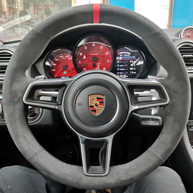 100% pasuje do Porsche Taycan Cayenne Macan Panamera 718 911 Auto Parts Ręcznie szyty antypoślizgowy zamszowy pokrowiec na kierownicę samochodową