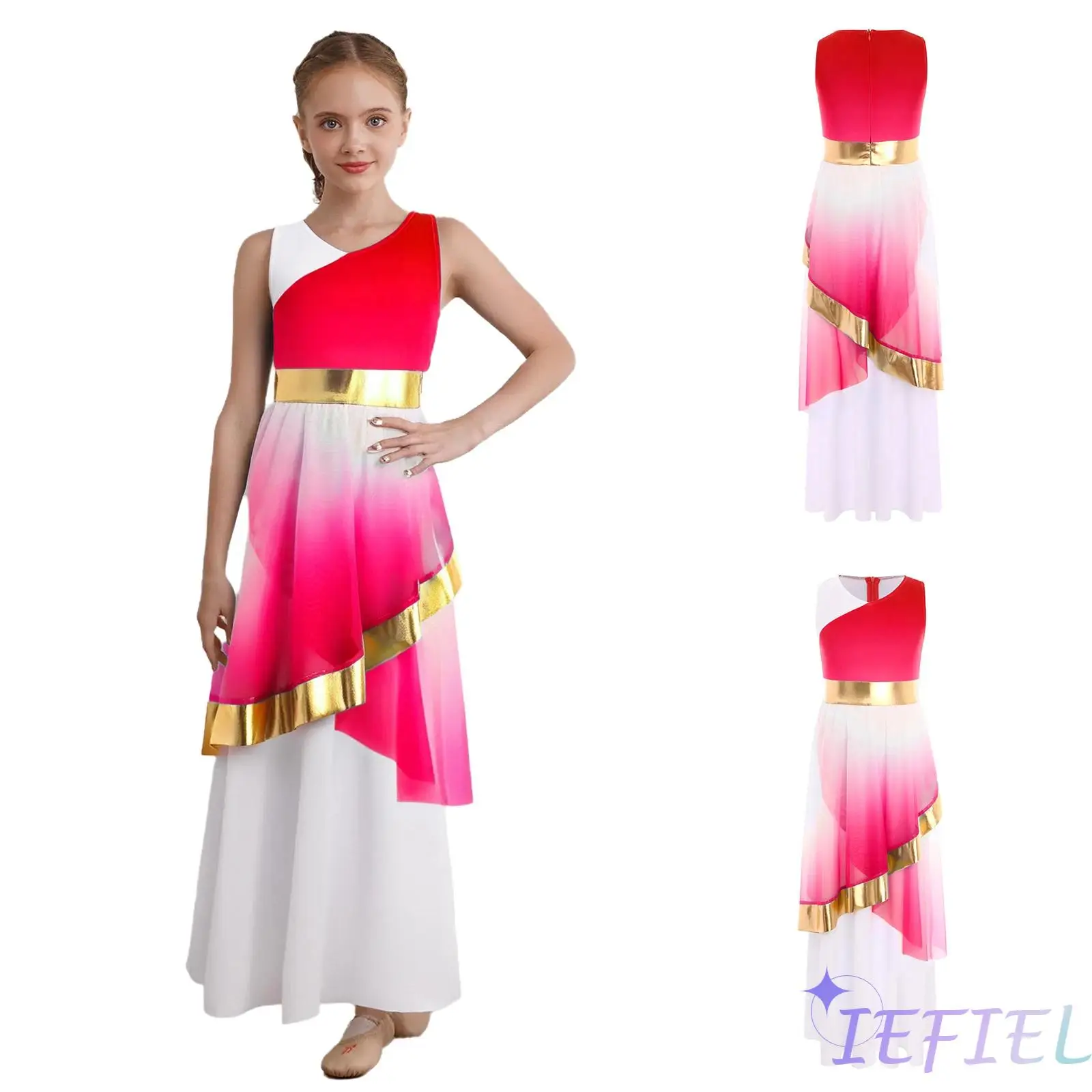 

Girls Liturgical Praise Dance Dress Gradient Color V- Neck Sleeveless Metallic Waist Asymmetrical Mesh Hem Layer Modern Dress