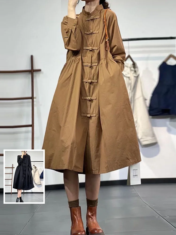 

Китайское платье-рубашка из чистого хлопка с воротником-стойкой и пуговицами, однотонное, для полных женщин, А-силуэт, повседневное, весеннее