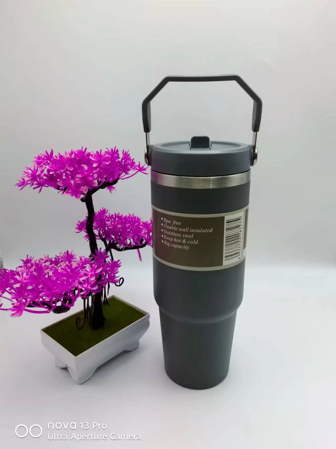 30 oz tumbler with handle and straw | Cup holder for travel | Insulated stainless steel cup | BPA- free |