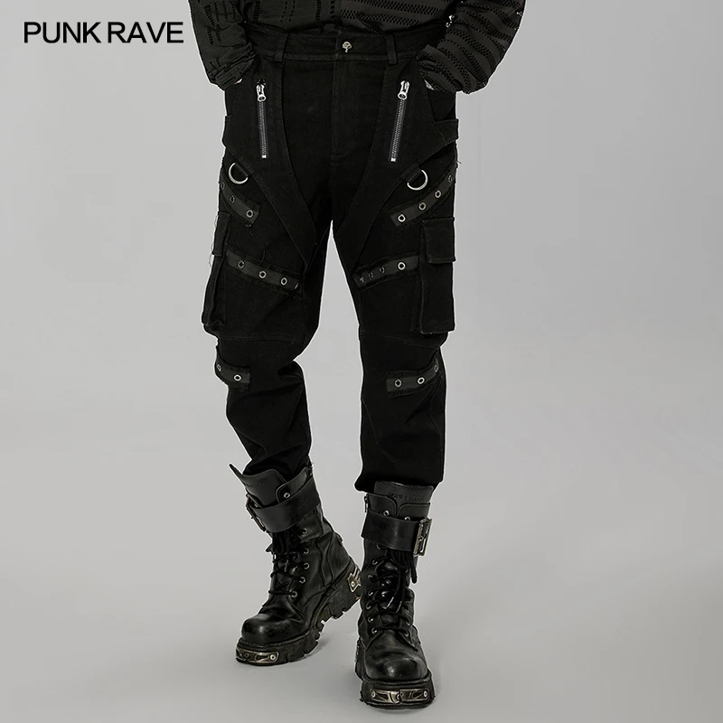 

PUNK RAVE Men's Post-apocalyptic Style Personalized Patch Pockets Pants Punk Micro Elastic Denim Slim Trousers Autumn/Winter