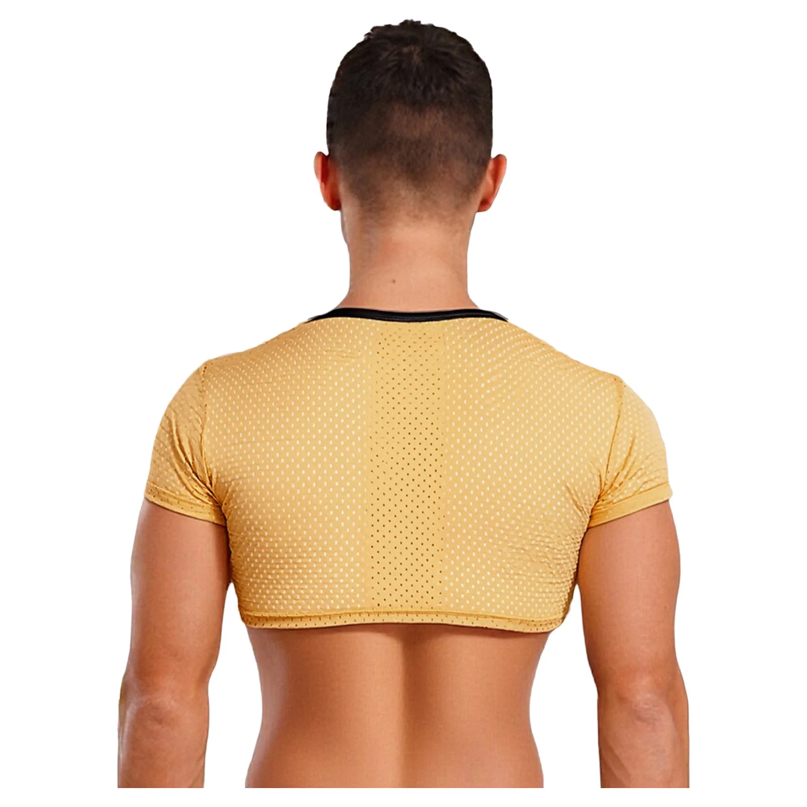 Top corto da uomo alla moda Camicette corte slim a maniche corte in mesh traspirante lucido metallizzato per la festa di ballo del club