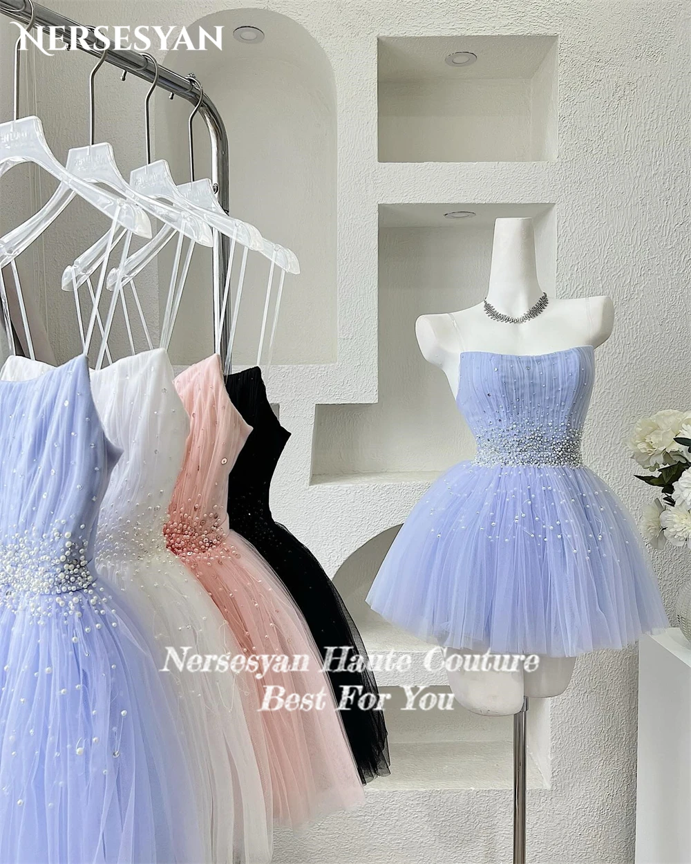 Nersesyan Solid Beading Tulle Formal Prom Dresses A-Line Mini Off Shoulder Backless Evening Dress Sleeveless Pearls Party Gowns