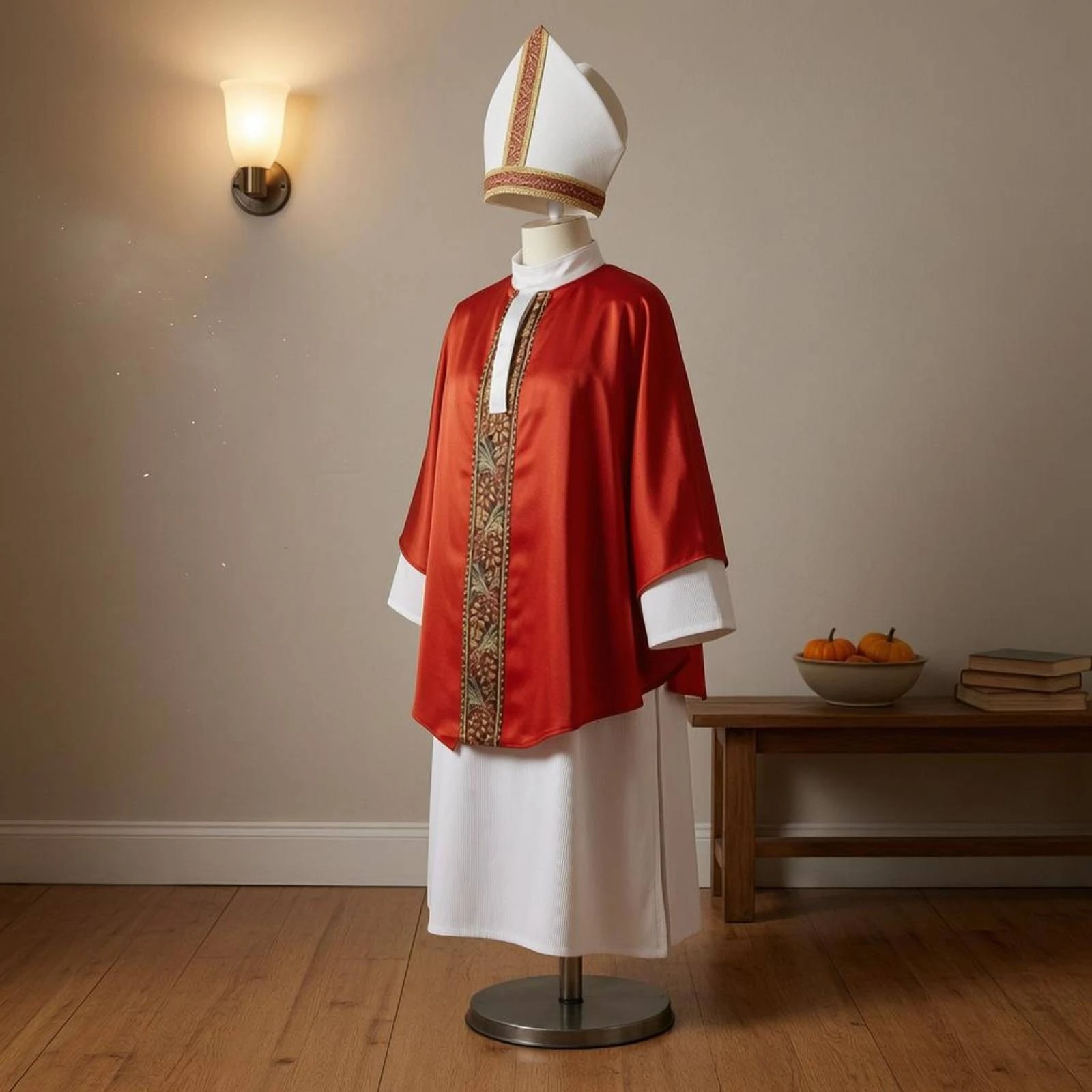 Robe and Cape Costume Patterned Trim Clergy Costume Outfit Long Sleeve Performance Use for Children, Dress-Up