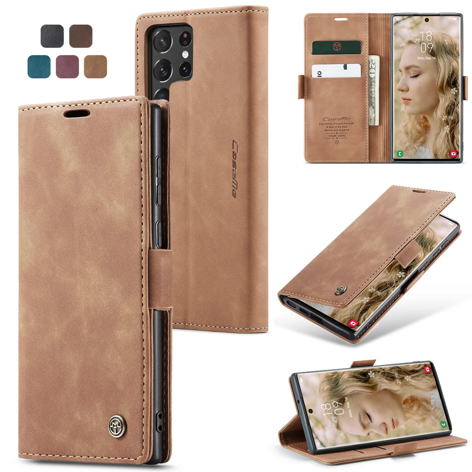 

Slim Leather Wallet Case Card Flip Cover For Samsung Galaxy S23 S22 Ultra A81 M60s Note20 10Plus Magnetic Side Buckle Phone Case