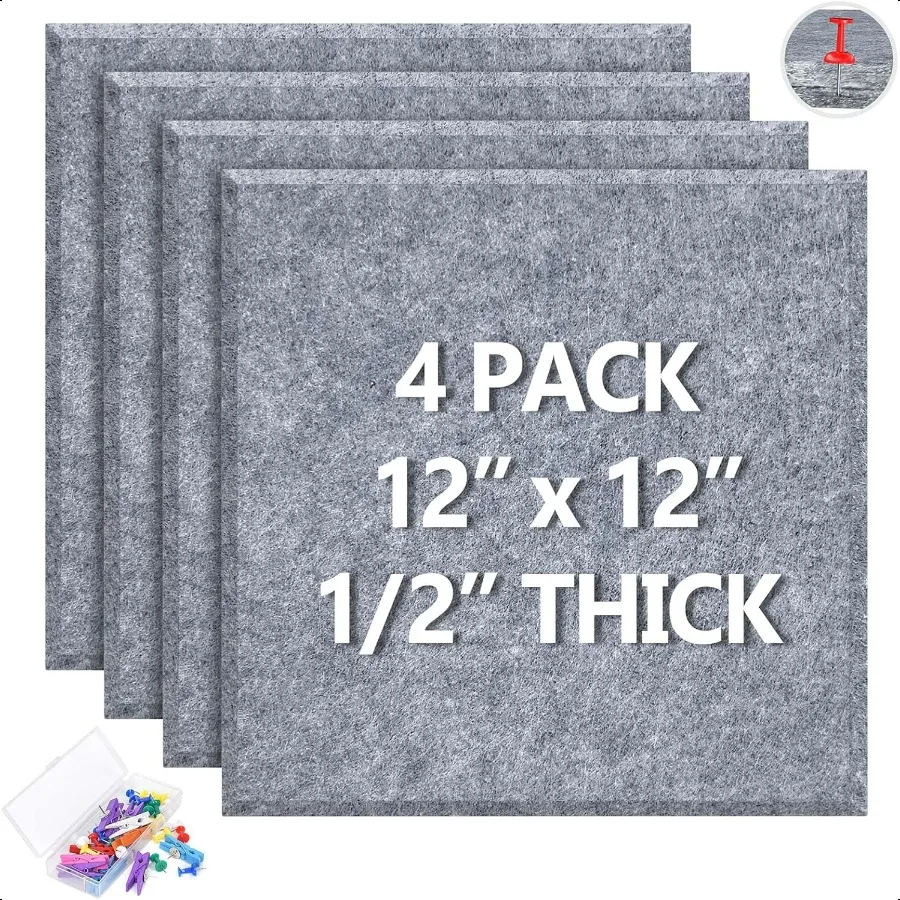 4 Pack Cork Board Tiles 12x12 Inches 1 2" Thick Felt Cork Squares with 30 Push Pins Bulletin Board Pin Board Adhesive Cork Boar