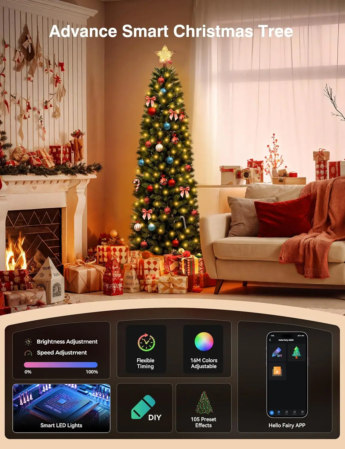 7.5ft App-Controlled RGB Pre-Lit Skinny Christmas Tree with 350 LEDs & 1053 Branch Tips