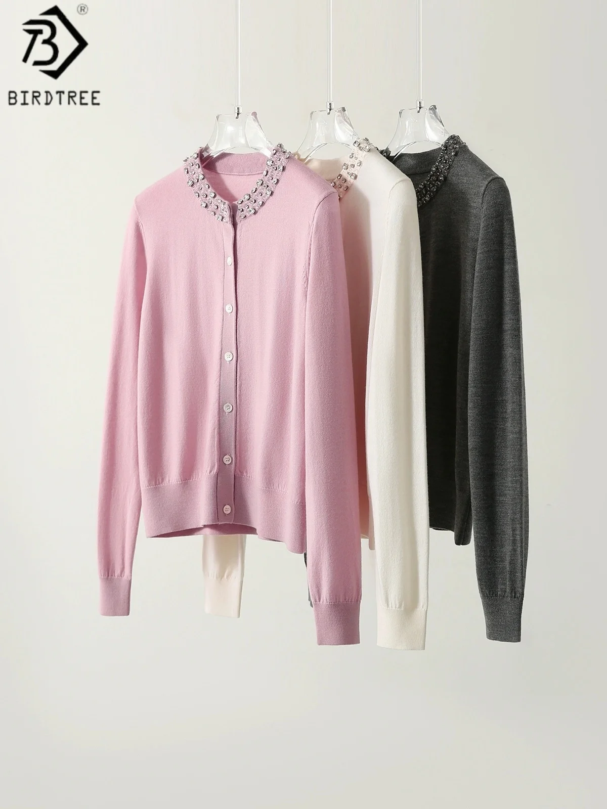 

Birdtree 100% Sheep Wool Bead Embroidery Cardigan,Woman Yangtze Wool Full Sleeve O-neck Single Breasted Knit Coat T58922JF