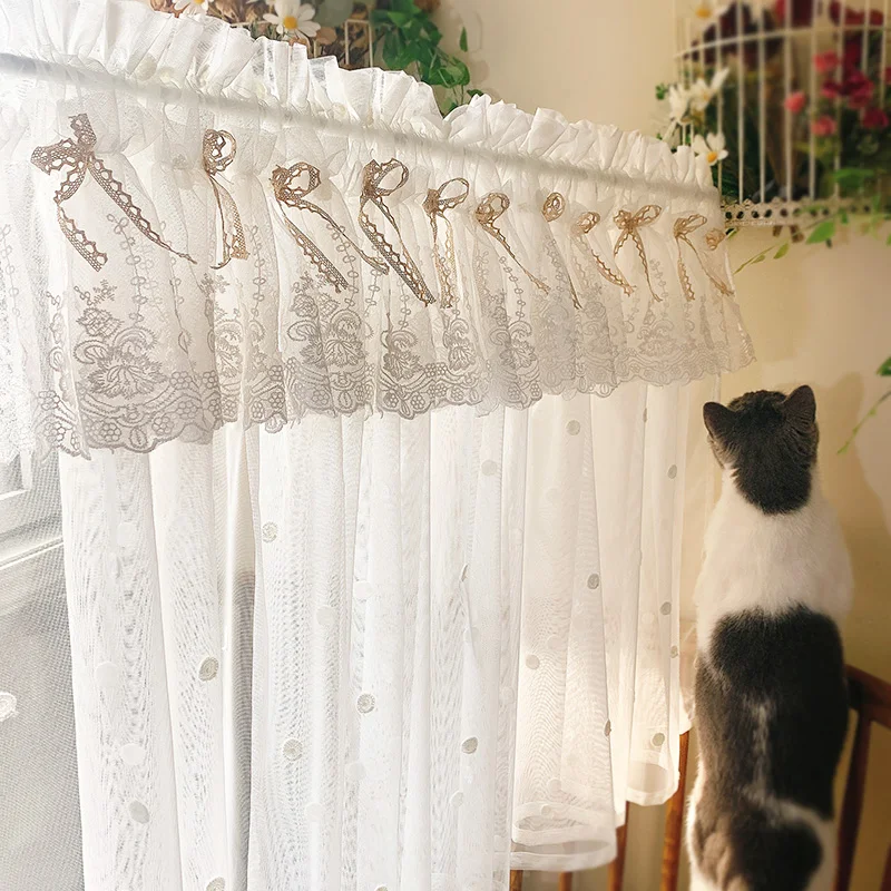 

Solid Color | Foreign Lace Yarn Fabric French Non Perforated Curtains for Living Room Semi Short Window Door Curtain Heads