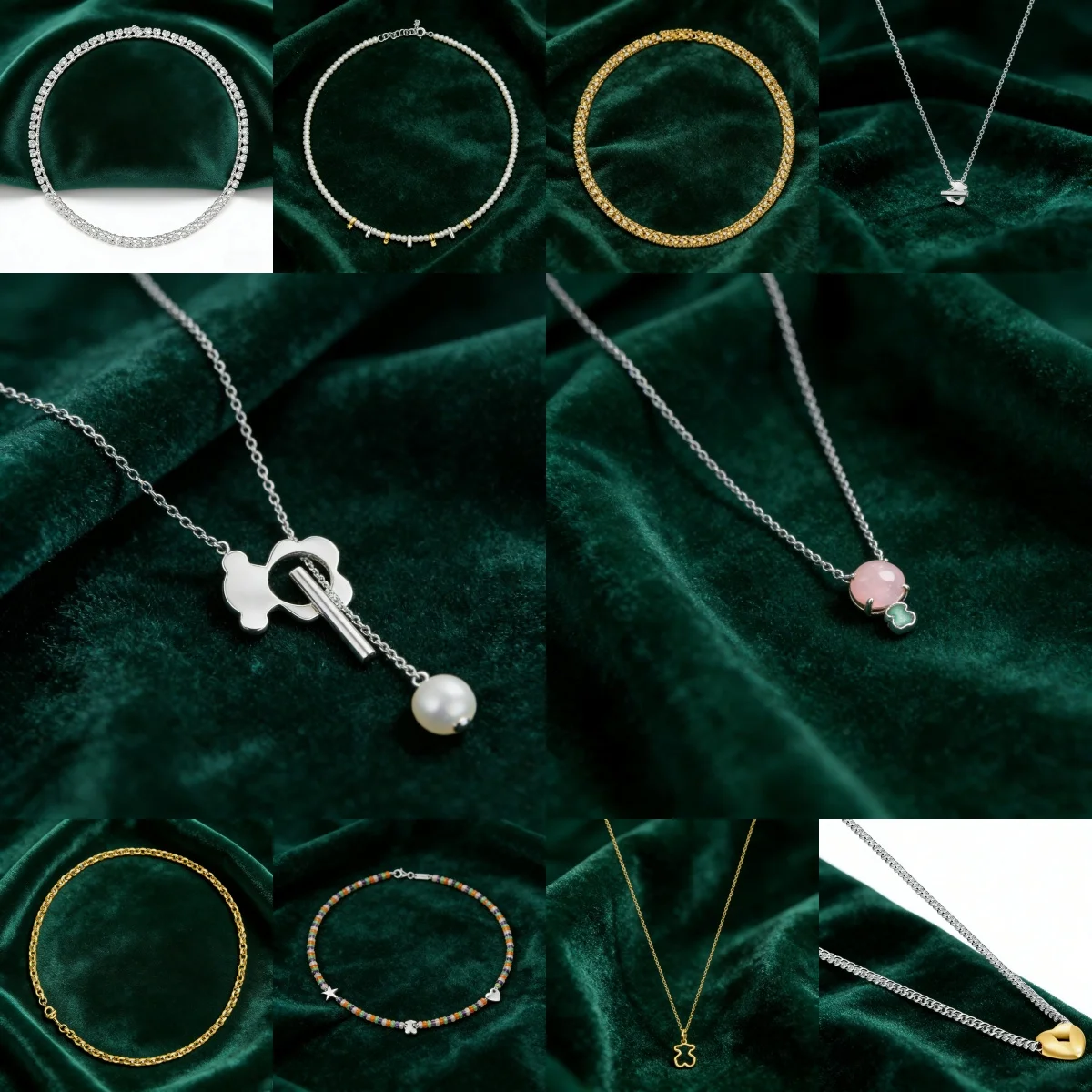 

Pastel Bear Bar Necklace - Silver Chain with Multi-Color Teddy Bear Charms