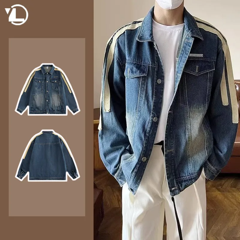 

American Retro Denim Jacket Mens Gradient Stripes Patchwork Fashion Cowboy Coats New Trend Color Block Lapel Outwear Spring