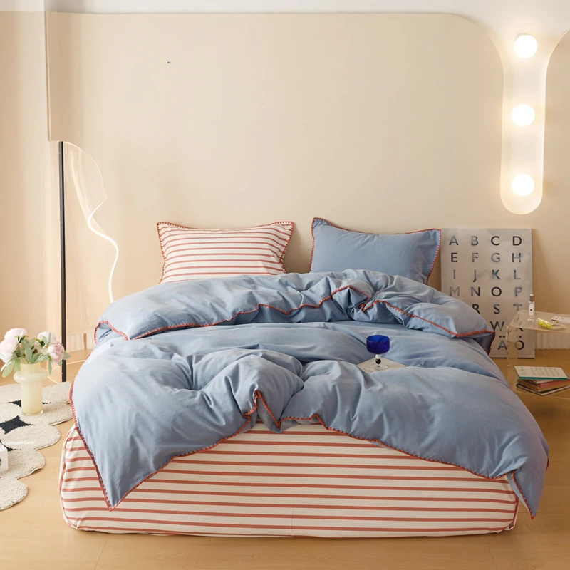 

For Blue Protein Durable Washed Cotton Bedding Set Striped Color Block Shell Embroidery Comforter Cover with Standard Pillowcase