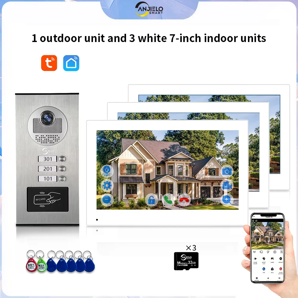 ANJIELO 7 Inch 1080P Video Door Phone 2/3/4 Units Multi Apartment Intercom Tuya WiFi Smart Doorbell Home Security Syste