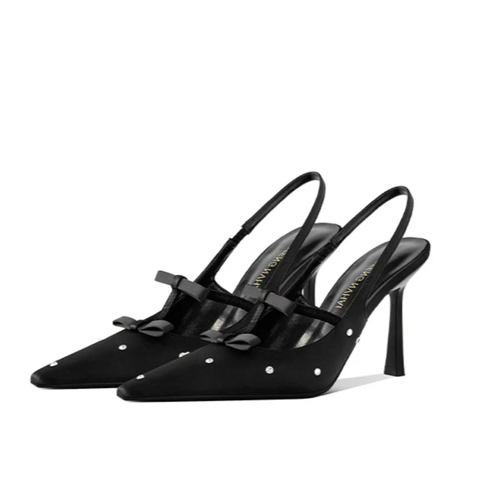 

Luxury Sandals Women Designers Dot Rhinestone Bow Sexy Black High Heels Small Square Head Beautiful Light Mouth Backempty Shoes