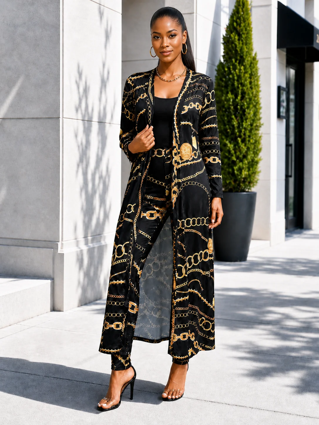 

Women 2 Piece Pants Set Long Sleeve Printed Longline Cardigan Slim Pants Elegant Casual Vacation Matching Outfit