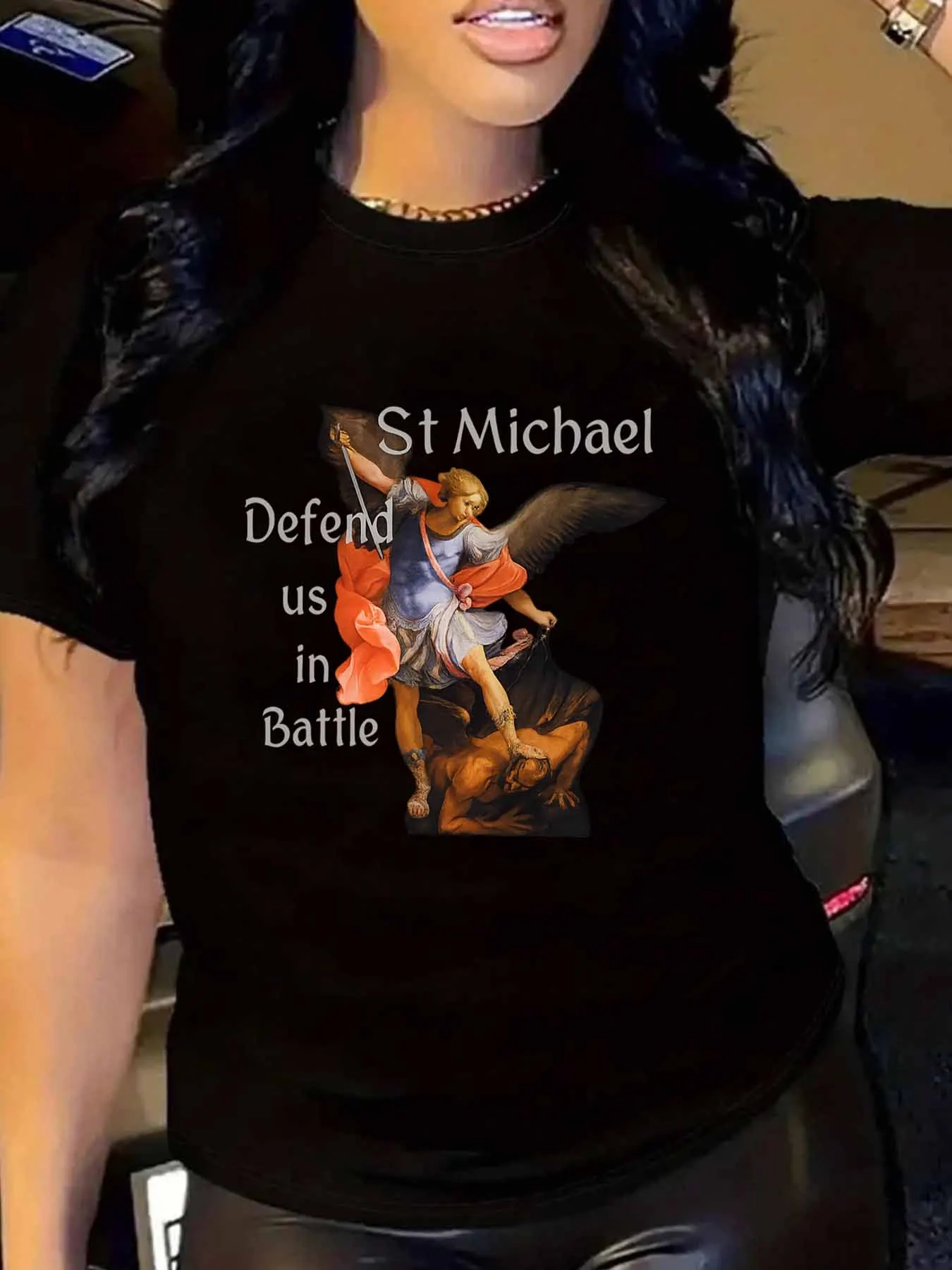 【WY1316419】تيشيرت نسائي بمقاس كبير ورقبة دائرية وأكمام قصيرة مع نصف كم مرن ومطبوعات عصرية