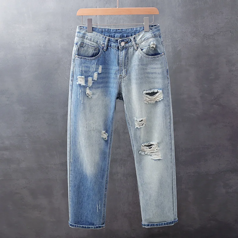 سراويل جينز ممزقة بأرجل واسعة من علامة تجارية أمريكية عالية الجودة للرجال بأنبوب مستقيم فضفاض بألوان متباينة