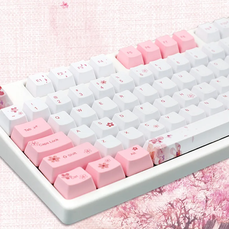 Sakura pink girl cute personality mechanical keyboard keycaps small full set of PBT five-sided hot sublimation keycaps