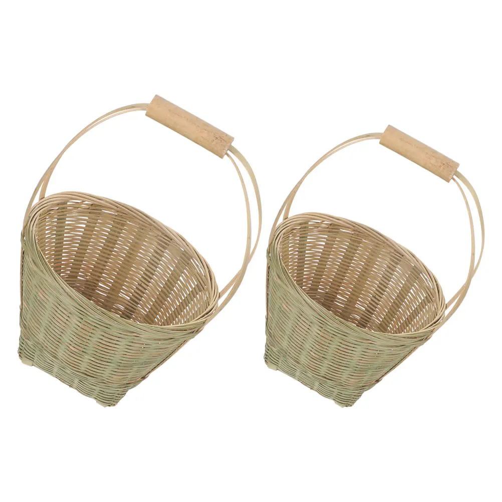 

2 Pcs H Woven Bamboo Picnic Basket Durable Fruit Storage Snacks Vegetable Woven Portable Outdoor Indoor
