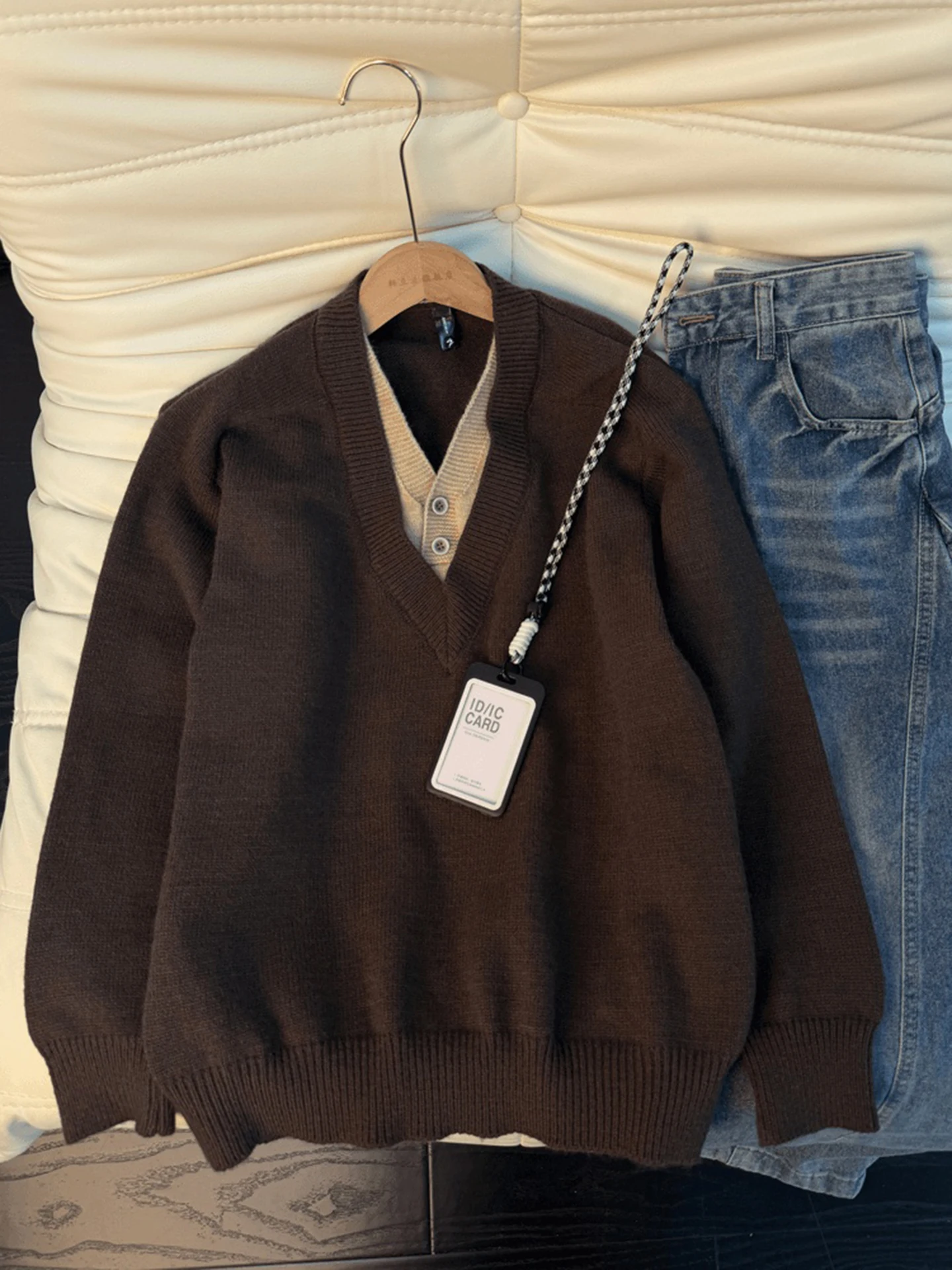 

Men's V-Ne Patchwork Knitwear Loose Fit irt Sle Winter Casual Wear Mid-Thi Warm Cotton Polyester Blend