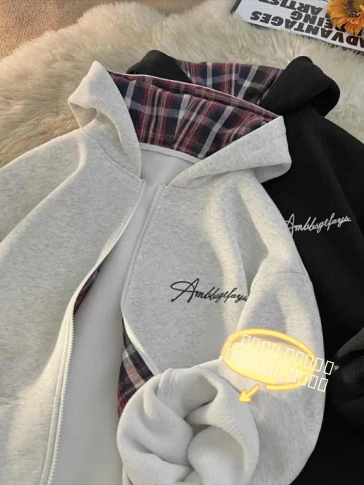 

Мужской зимний кардиган в американском ретро-стиле с капюшоном, в клетку, свободного кроя, повседневная верхняя одежда с длинными рукавами, на молнии, с карманами