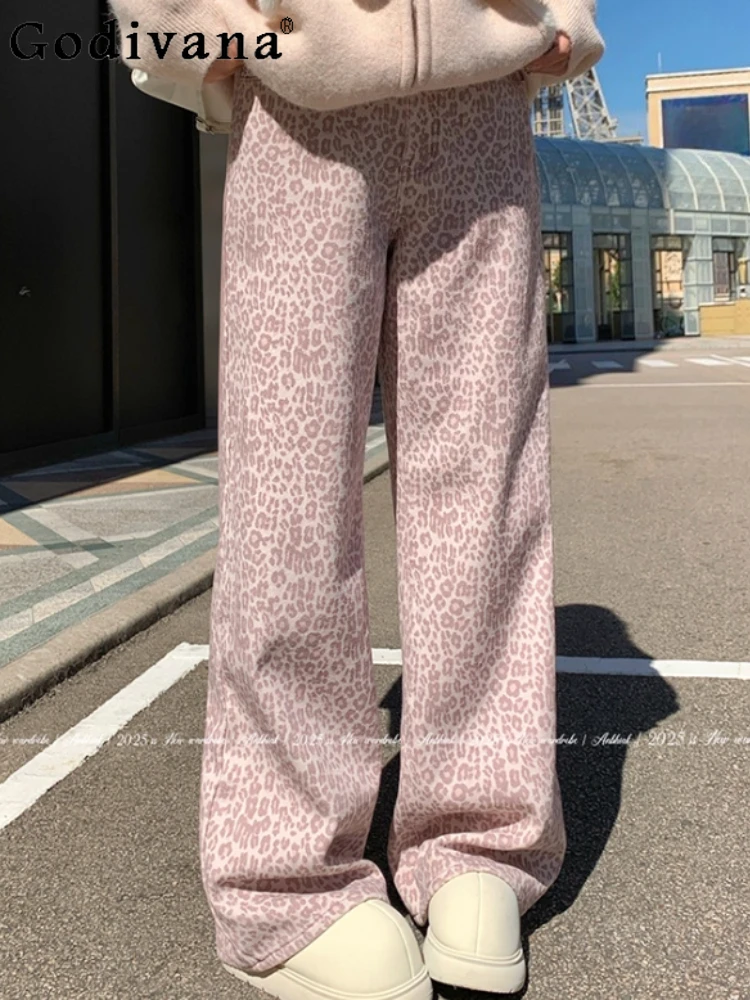 

Autumn Winter Sweet Cool Velvet Fashion Versatile Pink Leopard Print Do Old Jeans Women Straight Loose High Waist Leisure Pants