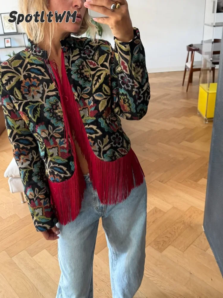 Bohemian Red Floral Jacquard Fringe Jacket Women's Tassel Stand Collar Long Sleeve Open Front Cropped Coat Vintage Outerwear