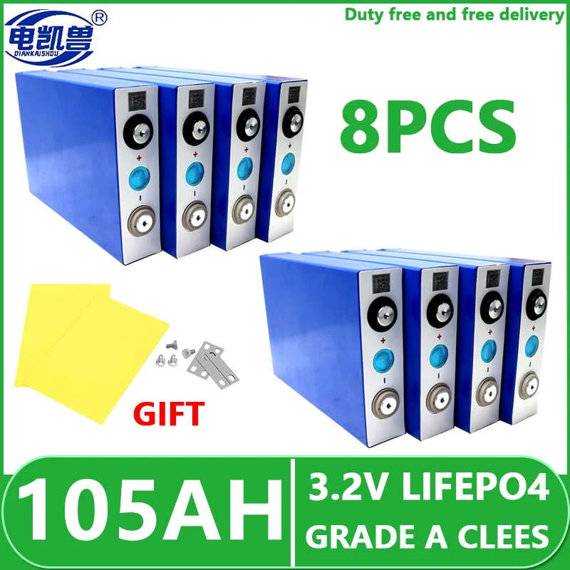 

8pcs new 3.2V 105Ah LiFePO4 Battery Rechargeable Cell New 304Ah 200Ah 280Ah Grade A Free Busbar For DIY 12V 24V 48V Battery Pack