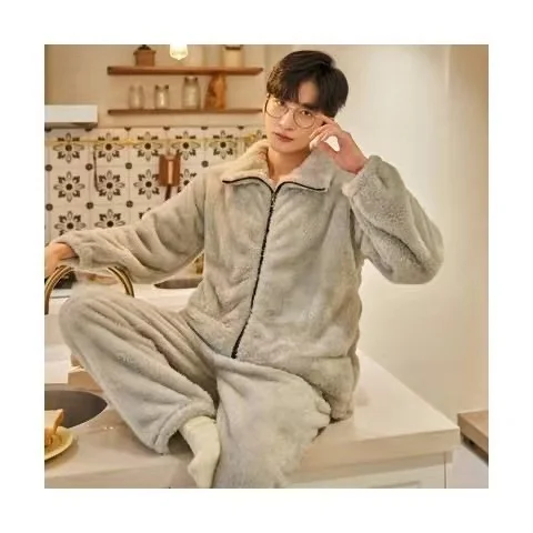 Autumn Winter Pajamas Sets Men Thick Coral Fleece Pyjamas Suits 2PCS/Set Flannel Homewear Home Clothes For Male