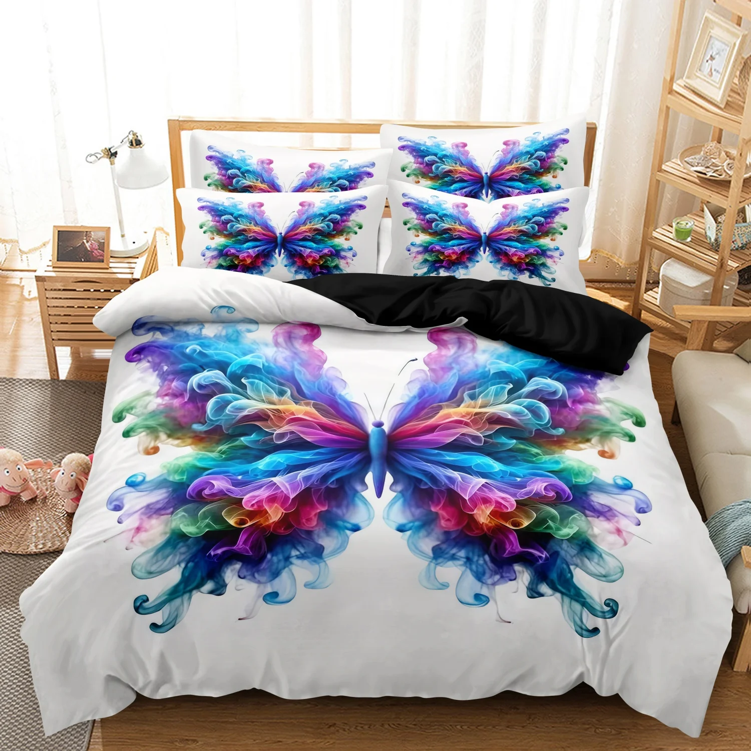 

Комплект из 3 предметов: пододеяльник и 2 наволочки с цифровой печатью «Радужные бабочки» и эффектом дымчатого градиента (без наполнителя)