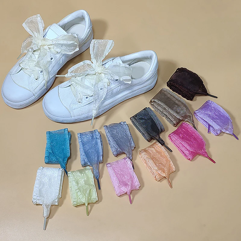 120CM Length 4CM Wide Frill Organza Shoelaces Chiffon Yarn Bow Laces Trend Beauty White Casual Sneaker Training Shoes Laces