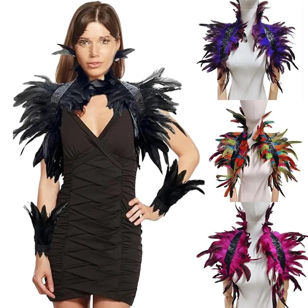 Party Scarf Feather Fake Collar Shawl with Ribbon Ties Gothic Style Halloween Feather Shawl Feather Shrug