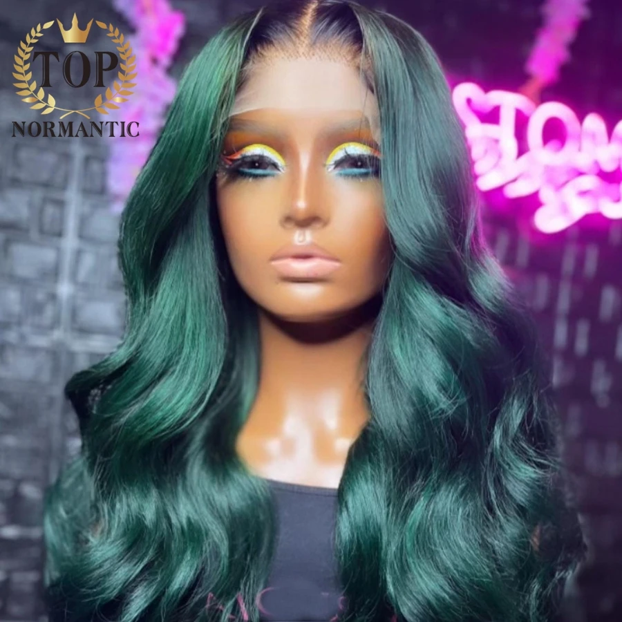 Topnormantic Ombre Green Color Body Wave Wig with Preplucked Hairline 13x6 Lace Front Remy Brazilian Human Hair Wig for Women