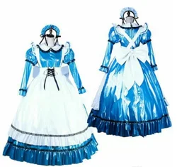 Sissy  Dress Long Bow Belt Role  Gothic Lolita Blue PVC Play Maid Costume Customizable