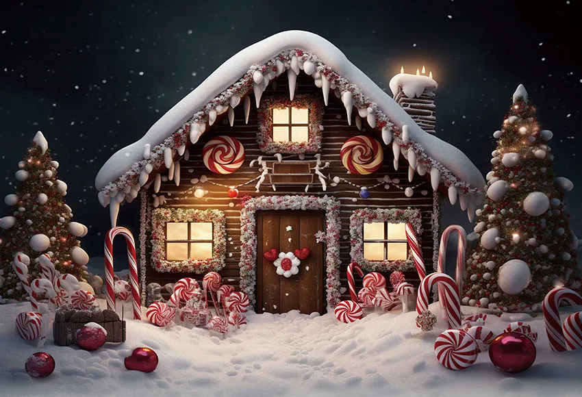Mehomond Fotografie Hintergrund Winter Weihnachten Süßigkeiten Haus Schnee Weihnachten Baum Kind Familie Party Porträt Dekor Hintergrund Foto Studi