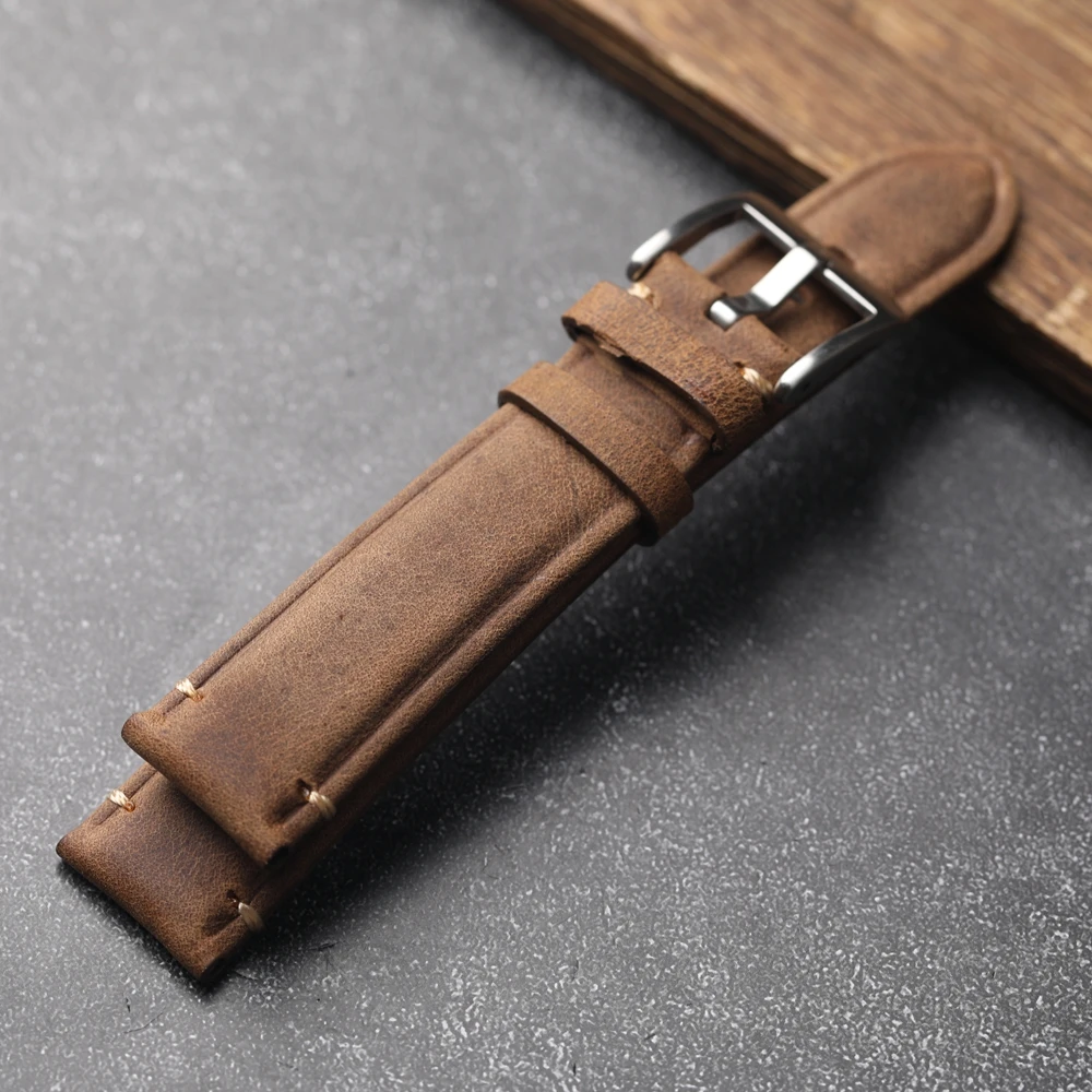 Handmade Vintage Crazy Horse Leather Genuine Leather Strap 18MM 19MM 20MM 21MM 22MM Brown Head Cowhide Bracelet